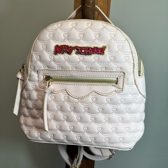 Betsey Johnson Womens Blush Pink Backpack Quilted Zipper Pockets Lined Logo